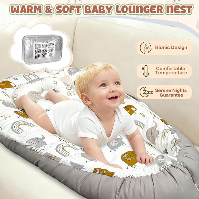 JIFTOK Baby Nests Lounger for Newborn, Snuggle Bassinet for 0-24M, Breathable Portable Co Bed, Baby Essentials Adjustable Infant Soft Cotton Loungers for Home & Travel -Elephant