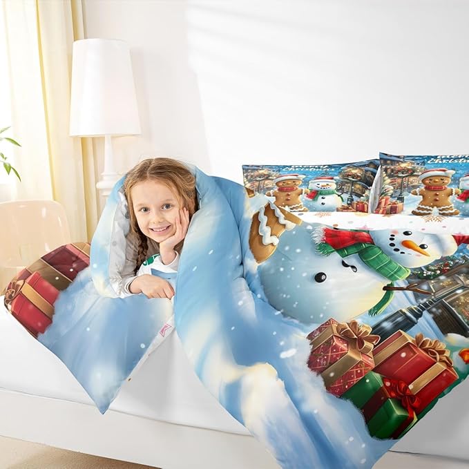 Gingerbread Man Comforter Set Full Size,Cute Snowman Merry Christmas Kids Bedding Set,Snowflake Winter Xmas Poinsettia Quilt Comforter,Blue Brown Duvet Insert,2 Pillowcases