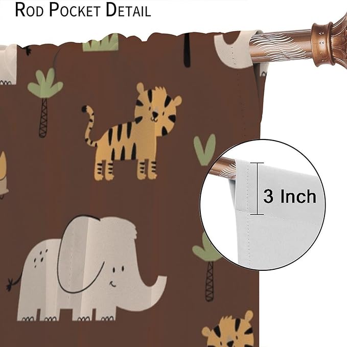 Jungle Safari Animals Blackout Curtains Cartoon Tropical Forest Animals Elephant Tiger Brown Art Print for Kids Boys Bedroom Nursery Rod Pocket Decoration Window Drapes 2 Panels W31.5xL63in