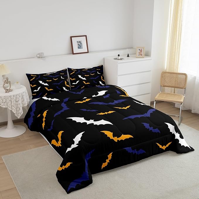 Erosebridal Bat Comforter Set Toddler Size for Kids Boys Happy Halloween Decor Quilt with 1 Pillow Case Bats Animal Silhouette Bedding Set Gothic Spooky White Duvet Insert,Orange