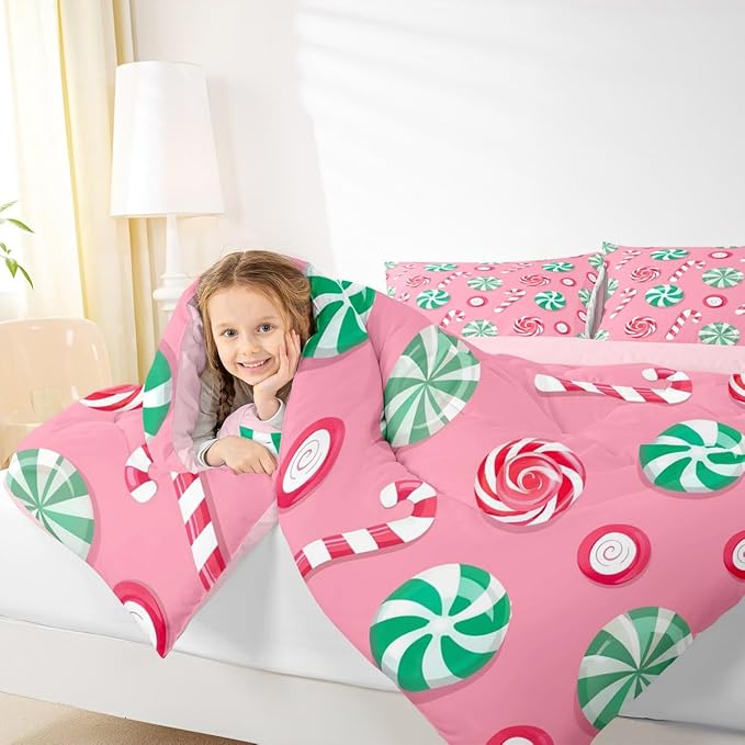 Feelyou Christmas Comforter Set Twin Size Candy Bedding Set for Kids Boys Girls Xmas Theme Duvet Quilt Bedroom Decor Microfiber 2 Pcs with 1 Pillow Cases