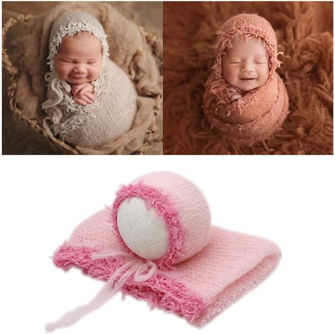 Vemonllas Newborn Infant Baby Boys Girls Photography Props Mohair Lace Hat and Wrap Blanket Cloth (Light Pink)