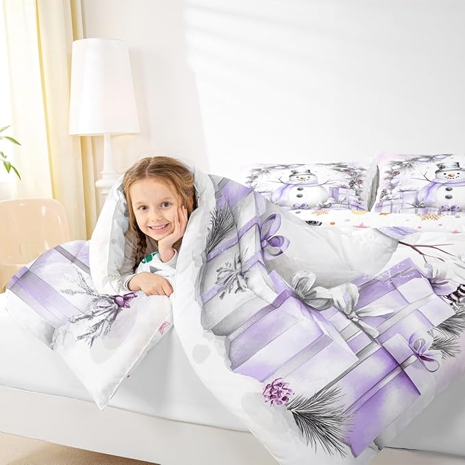 Feelyou Merry Christmas Bedding Set Soft for Boys Girls, Cute Snowman Comforter Set Twin Size Duvet Quilt Microfiber Snowflake Bedroom Decor 2 Pcs with 1 Pillow Cases