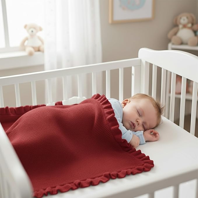 Cotton Baby Blanket with Ruffle Edge Soft Breathable Newborn Blanket for Boys & Girls, Lightweight Knit Throw for Crib, Stroller & Nursery Multiple Colors Available Red 30x30