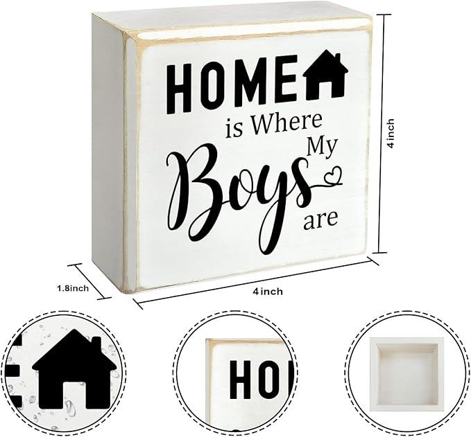 Inspirational Home is Where My Boys are Sign, Home Shelf Cubicle Table Desk Decor, Living Room Bedroom Family Decor Boy Mom Momma Gifts for Women 4" x 4"x 1.8"