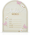Baby Announcement Sign 6.5 Inch Wooden Hello World Newborn Welcome Sign Birth Name Plaques for Photo Props Shower Hospital Nursery (Butterfly)