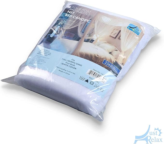 Just Relax Four Corner Post Elegant Mosquito Net Bed Canopy Set, White, Full/Queen/King, 86.6x78.7x98.4 Inches
