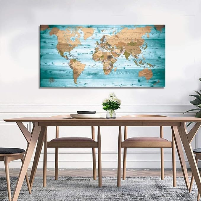 Large Wall Art Blue map of The World Painting Ready to Hang 36"x70"Large Framed Wall Art World Map Canvas Map Decorations Artwork Prints
