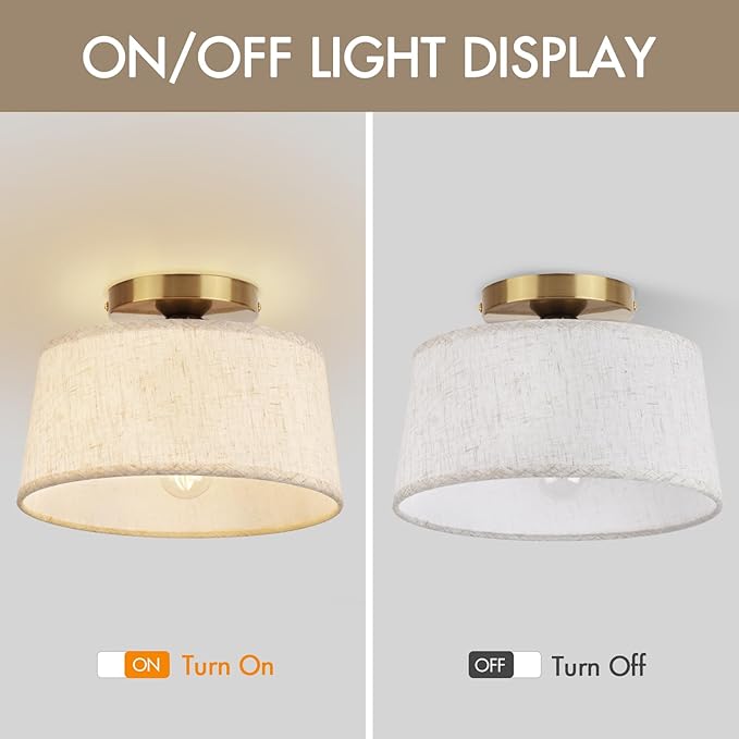 Modern Ceiling Light Fixture, 10 Inch Semi Flush Mount Lamp with Linen Shade, E26 Base, Gold for Kitchen Bedroom Hallway Closet Entryway Room Small Spaces