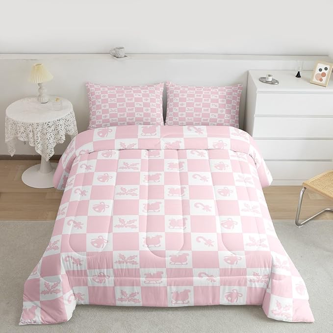 Feelyou Christmas Comforter Set Toddler Size Checkered Pattern Bedding Set for Kids Boys Girls Holiday Theme Duvet Quilt Xmas Decorations Bedroom Decor Pink Microfiber 2 Pcs with 1 Pillow Cases