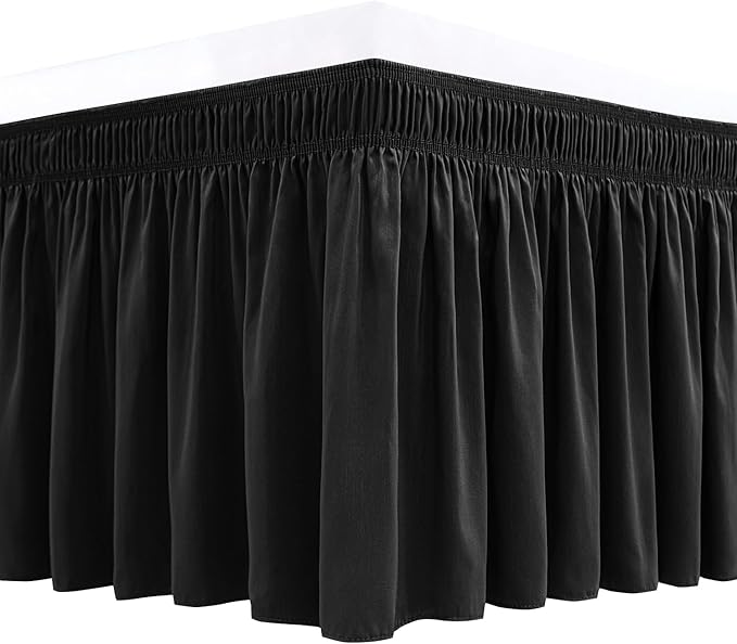 Biscaynebay Wrap Around Bed Skirts for King & Cal King Beds 22" Long Drop, Black Adjustable Elastic Dust Ruffles Easy Fit Wrinkle Resistant Silky Luxurious Fabric Machine Washable