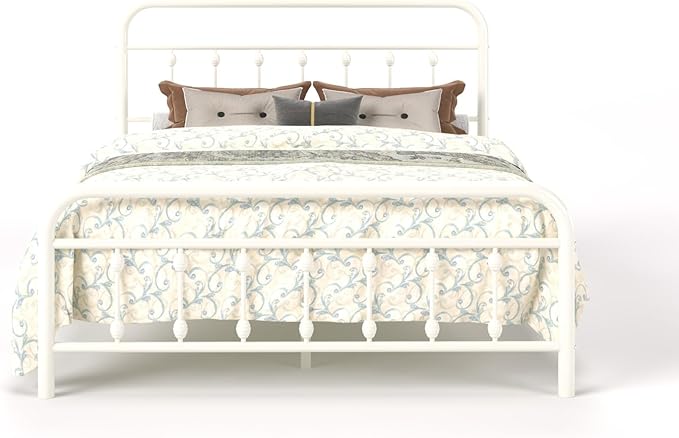 SHA CERLIN Queen Size Metal Platform Bed Frame with Victorian Style Iron-Art Headboard and Footboard, Easy Assembly, Under Bed Storage, No Box Spring Required, White