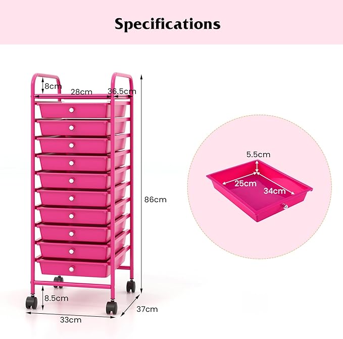 Storage Cart, Rolling Utility Cart with 10 Drawers, Portable Handles & Lockable Wheels, Mobile Paper Toys Storage Organizer Large Capacity for Home Office School Teacher (Hot Pink)