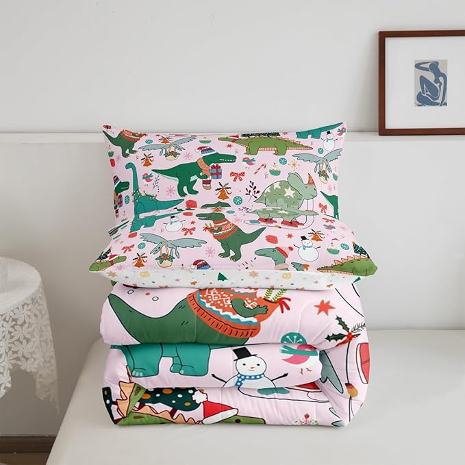 Feelyou Christmas Pink Comforter Set King Size for Kids Boys Girls Cartoon Xmas Dinosaur Bedding Set Snowman New Year Decorations Bedroom Quilt Set
