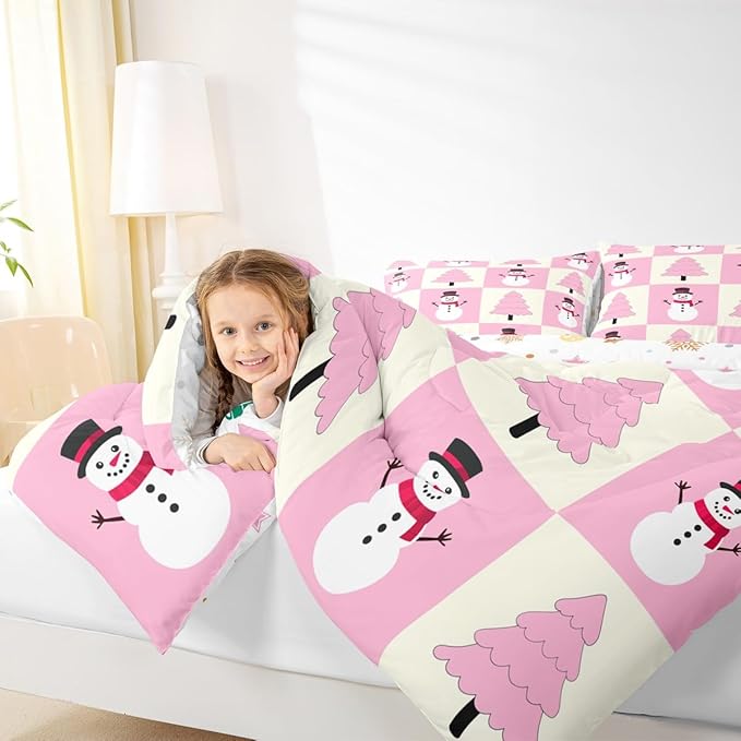 Feelyou Pink Christmas Kids Comforter Set Full Size Snowman Bedding Set Xmas Tree Duvet Quilt for Kids Boys Girls Bedroom Decor Microfiber Ultra Soft Breathable