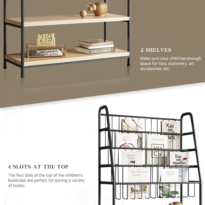 Kids Bookshelf and Toy Storage Organizer,6 Tier Childrens Bookcase,Magazine Rack Floor,Book Shelf for Kids Rooms Classroom Nursery Living Room Office (Black, L:31.5")