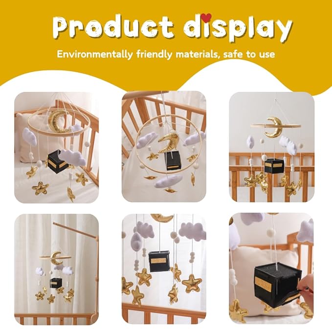 Baby Crib Mobile Nursery Decoration Moon and Stars Hanging Mobile Gender-Neutral Baby Mobile for Crib Handmade Newborn Nursery Decor Easy to Assemble & Durable (Golden Moon)