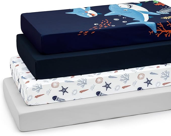 PHF 4 Pack Soft Shark Crib Sheets Fitted, Comfy Breathable Baby Sheets for Boys Girls, 28x52 Inches Fits Standard Crib and Toddler Mattresses, Shark