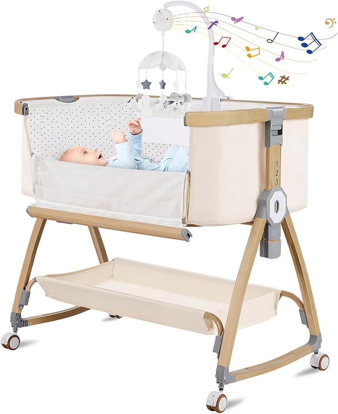 Bassinet Bedside Sleeper,Bedside Bassinet,Rocking Bassinet,3 in 1 Baby Bassinet with Mattress,Mobile,Mosquito Net,Storage Basket,6-Height Adjustable Portable Bassinet with Wheels for Newborn(Beige)