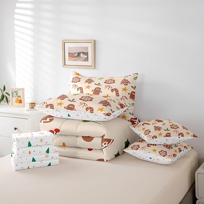 Merry Christmas Kids Bedding Set Xmas Theme Comforter Set with Sheets for Boys Girls Cartoon Gingerbread Man Christmas Tree Decor Bed in a Bag Brown Bed Set 7Pcs King Size
