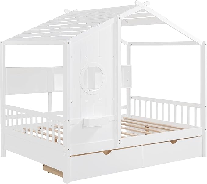 Harper & Bright Designs Full Size Modern House Bed with Roof, Wooden Twin Size House Bed with 2 Drawers and Storage Shelf, Gray