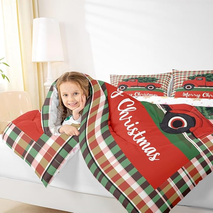 Feelyou Merry Christmas Kids Comforter Set Queen Size Christmas Tree Bedding Set Snowflake Duvet Quilt for Kids Boys Girls Bedroom Winter Decor Microfiber Ultra Soft Breathable