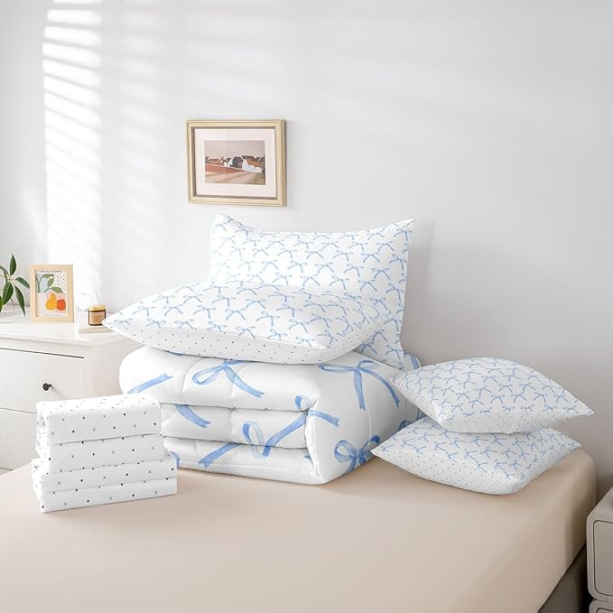 Manfei 7 Pieces Cartoon Bowknot Kids Comforter Full Size,Bow Tie Knot Geometric Patchwork Fashion Bedding Set,Hand-Painted Sketch Blue Noble（Comforter+Fitted+Flat+2 Pillowcases+2 Throw Pillow Covers