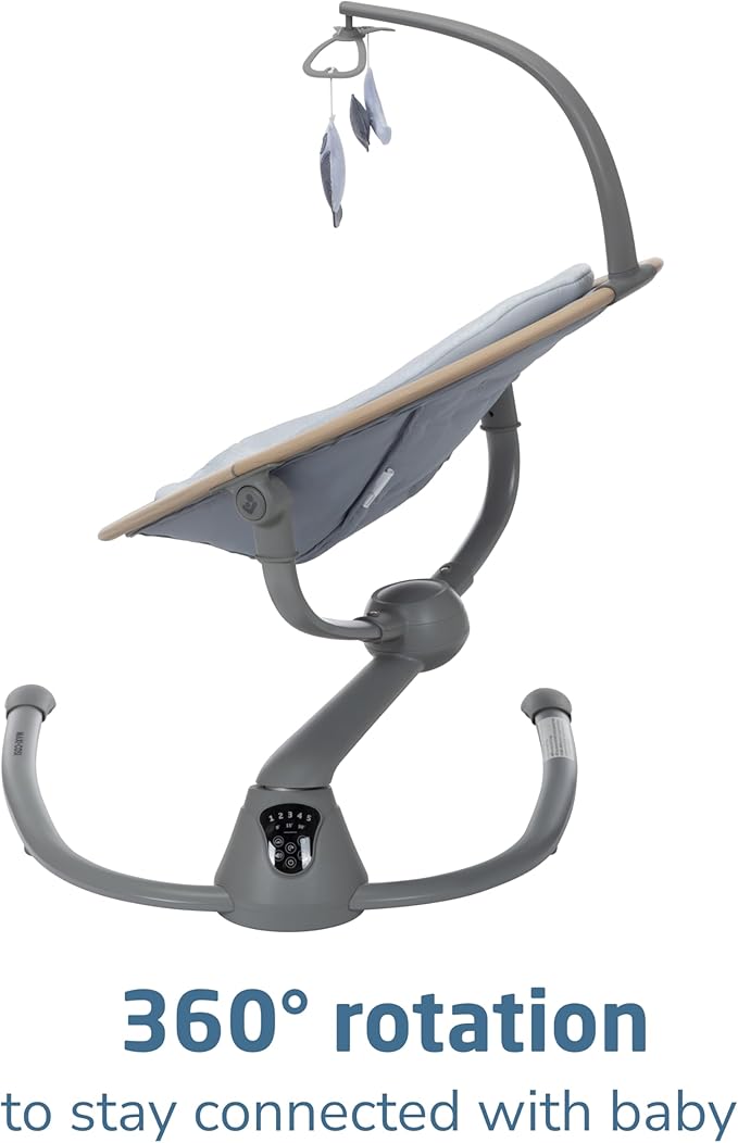 Maxi-Cosi Cassia Smart Baby Swing for Infants, Portable Foldable Swing with Music, 360 Rotation, 5 Speeds, 12 Melodies, EcoCare Fabric, Auto Motion Sensor, 2 Reclines, Classic Slate