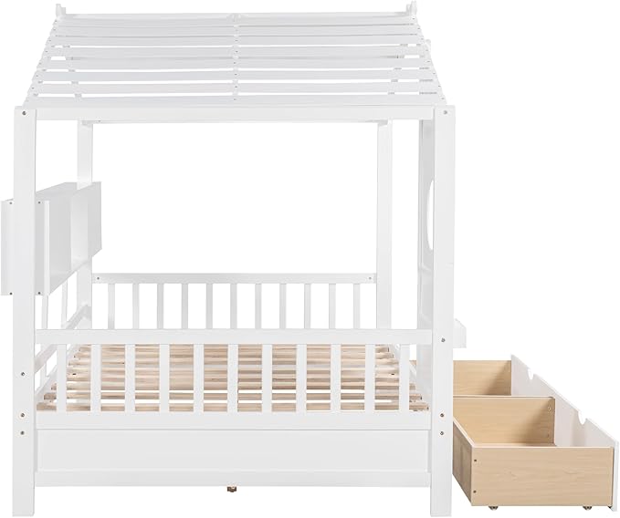 Harper & Bright Designs Full Size Modern House Bed with Roof, Wooden Twin Size House Bed with 2 Drawers and Storage Shelf, Gray