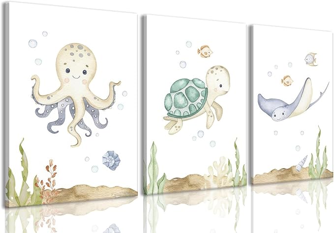 Wodkwq Ocean Nursery Decor, Set of 3, 16x24in Framed Canvas Prints, Under The Sea, Boys Room Sea Animal Wall Art