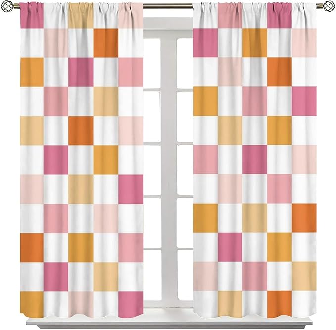 Pink Checkered Curtains,70s Vintage Twisted Checkered Window Drapes Colorful Groovy Trendy Wavy Hippie Grid Print Window Treatments for Kids Girls Bedroom Living Room 72" W X 63" L