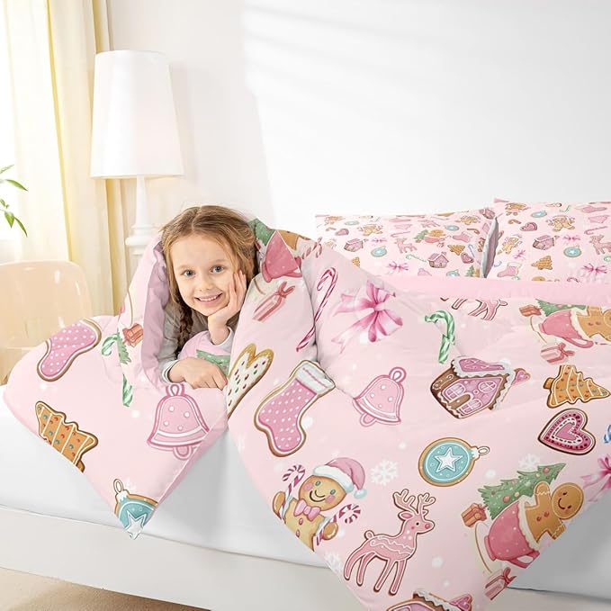 Merry Christmas Kid Comforter Set Full Size,Gingerbread Man Elk Deer Bowknot Bedding Set,Room Decor,Cute Girly Bow Tie Xmas Tree Quilt Comforter,Pink Colorful Duvet Set Bedroom Quilt Set,2 Pillowcases