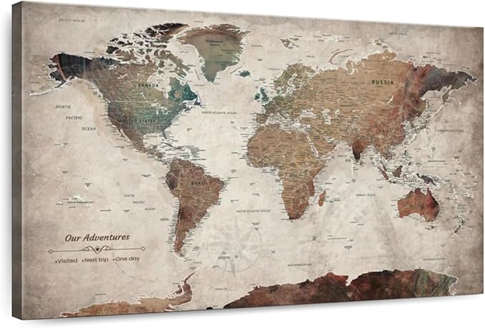 ElephantStock - Our Adventures World Map With Push Pin Iii Wall Art - Horizontal Canvas Wall Art - Living Room Wall Decor - Printmaking Map Canvas Art - Beige And Brown Decor - 45" x 30"
