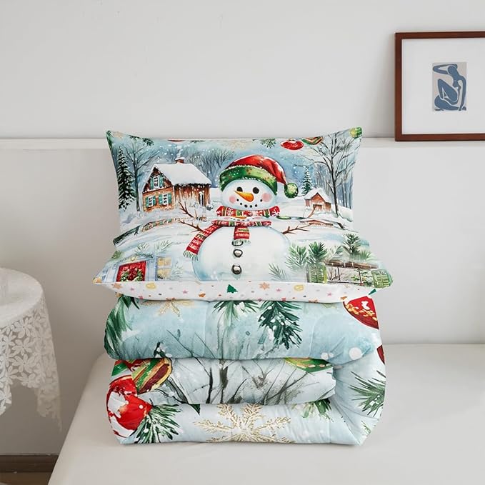 Castle Fairy Merry Christmas Comforter Set Queen Size,Watercolor Cute Snowman Pine Trees Bedding Set for Women Adult,Xmas Cartoon Decor Natural Luxury Bed Duvet Insert, 2 Pillowcases