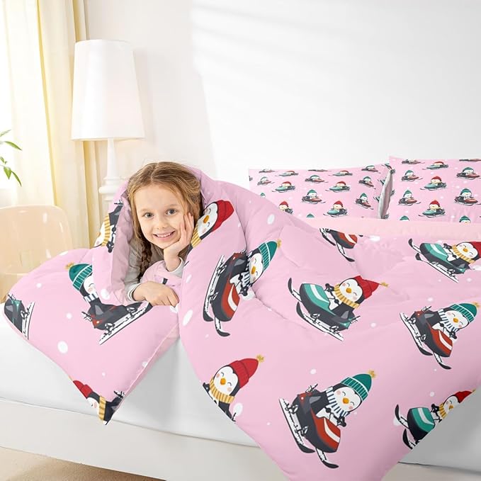 Feelyou Christmas Kids Comforter Set Twin Size Pink Penguin Bedding Set Cartoon Penguin Skiing Duvet Quilt for Kids Boys Girls Bedroom Snowflake Decor Microfiber Ultra Soft Breathable