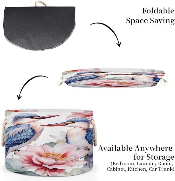 Watercolor Bird Flower Round Storage Basket for Laundry & Toys, Lightweight Fabric Laundry Hamper with Handles, Foldable Large Organizer Bin for Bedroom Bathroom Nursery Dorm