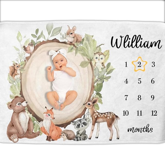 OLIVE OLIVIA Personalized Custom Baby Milestone Blanket, 60"x80", White, Flannel, Throw Blanket, Customized Name, Monthly Milestone Photos, Toddler, Deer, Animals, Warm, Unisex