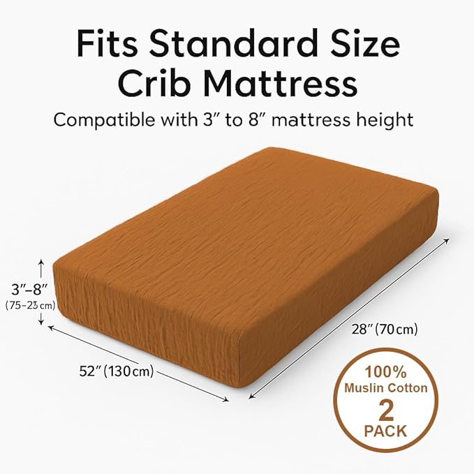 Crib Sheets Neutral Muslin Fabric 52x28x9 Inches 2 Pack Brown & Beige Baby Crib Sheets Fits Rectangular & Oval Crib Mattress, Won’t Slip Off, Baby Crib Bedding for Boys & Girls