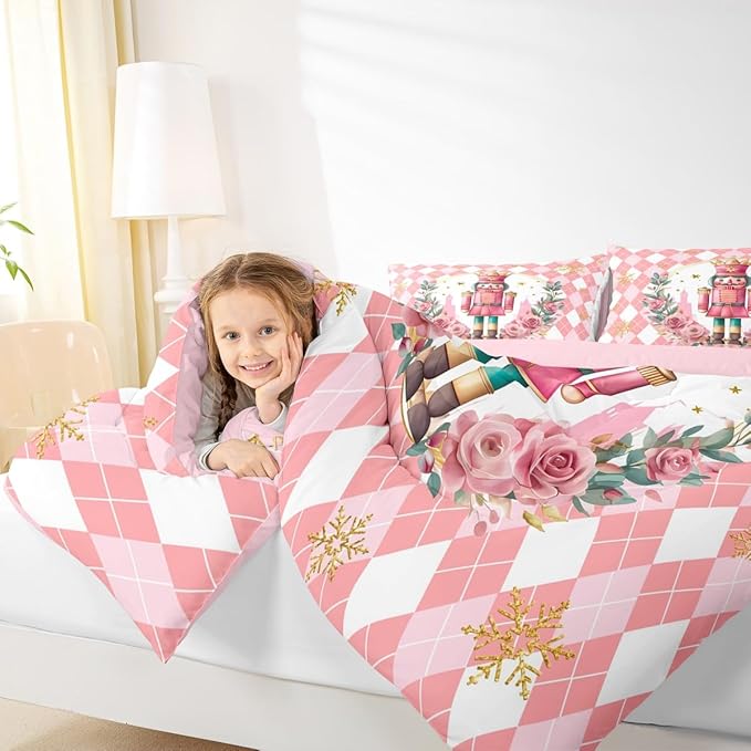 Feelyou Christmas Comforter Set King Size Pink Nutcrackers Bedding Set for Kids Boys Girls Rhombus Pattern Duvet Quilt Floral Bedroom Decor Snowflake Microfiber 3 Pcs with 2 Pillow Cases