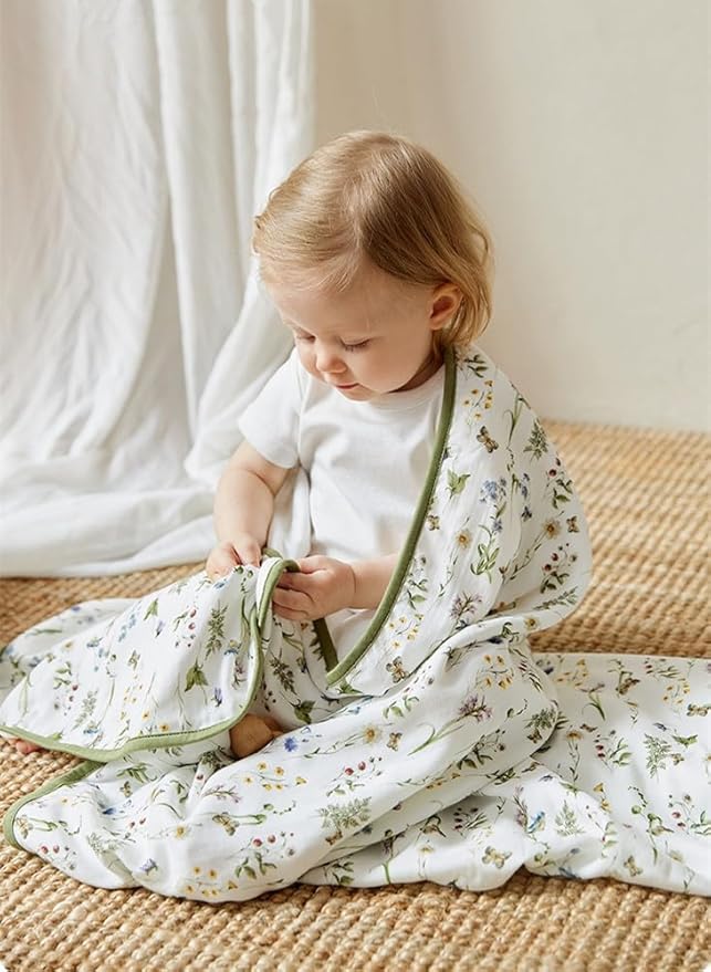 Little Jump Boho Vintage Floral Muslin Blanket Baby Quilt - Silky Soft and Breathable Crib Blanket for Daycare - Large 47" x 47" - 2 Layers Toddler Summer Blankets for Girls (Wildflower and butterfly)