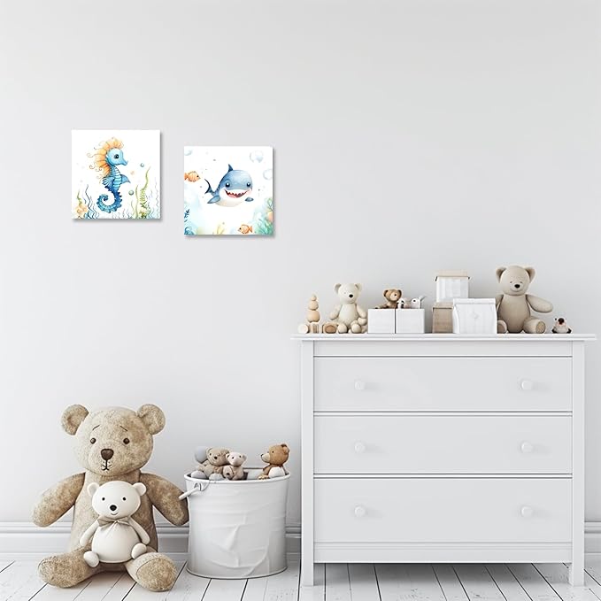 2 Piece Ocean Sea Canvas Wall Art for Nursery Decor - Cute Baby Seahorse Shark Underwater Paintings Pictures Ocean Theme Sea Life Posters Prints for Kids Room Bathroom Decor(Artwork-02, 20"x20"x2P)