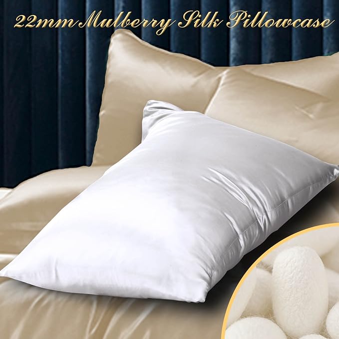 100% Mulberry Silk Pillowcase 2 Pack for Hair and Skin,with Hidden Zipper,Both Sides 22 Momme Natural Silk Pillow Cover,Soft Breathable & Smooth (White, Standard)