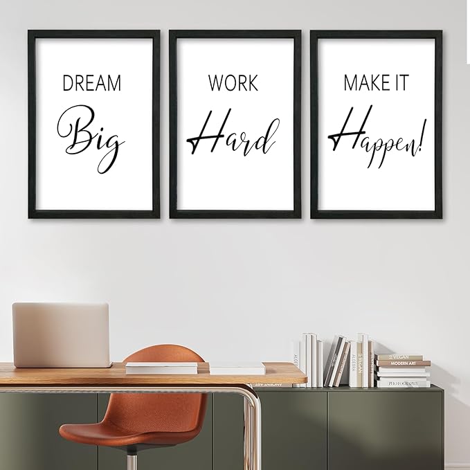 YWJKWLGS Motivational Wall Decor for Office & Home 11x16 Inch Set of 3 Inspirational quotes Wall Art Wood Frame Hanging Dream Big Work Hard Make It Happen positive affirmations Sign (Black)