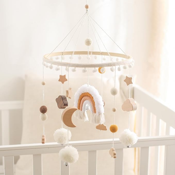 let's make Baby Crib Mobile for Boys Girls Rainbow Nursery Mobile Gender Neutral Hand-Crocheted Mobile Ceiling Mobile - Rainbow, Clouds, Moon