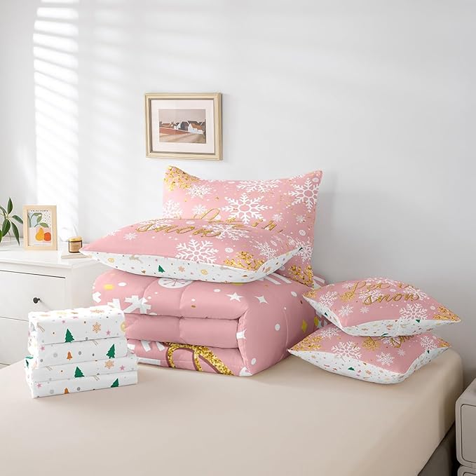 Feelyou Christmas Bed Set Snowflakes Bed in a Bag for Kids Girls Boys Pink Bedding Set King Size Glitter Star Comforter Set with Sheets Lightweight Room Decor