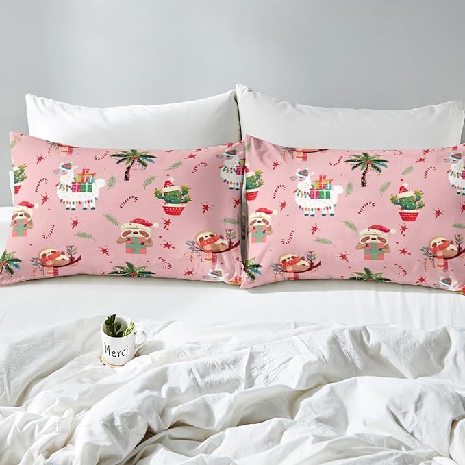 Manfei New Year Duvet Cover Set Queen Size, Cute Xmas Sloth Alpaca Print Bedding Set 3pcs for Kids Boys Girls Bedroom Decor, Christmas Theme Comforter Cover with 2 Pillowcases,No Comforter