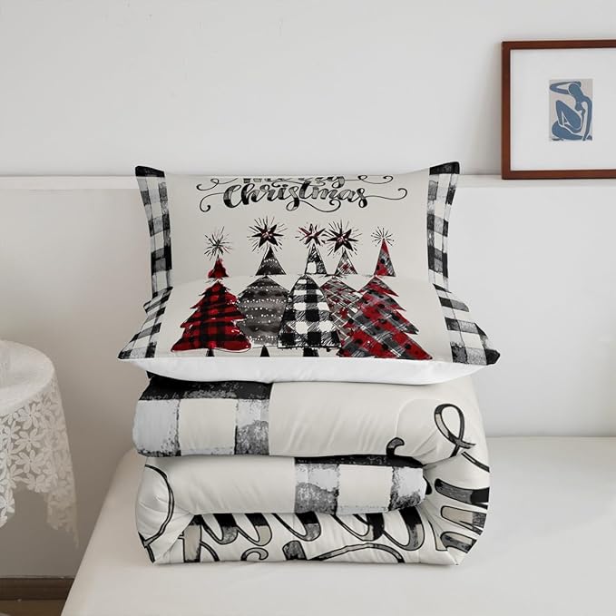 Christmas Trees Kids Comforter Set Twin Size,Geometric Grids Ink Tie-dye Bedding,Girls Boys Adults Bedroom/Xmas Cabin Decor,Rustic Vintage Down Comforter,Black Grey Retro Duvet Insert,1 Pillowcase