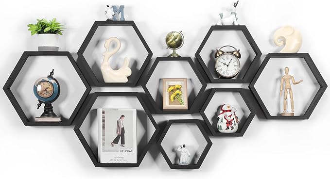 CADUKE Hexagon Shelves for Wall Hexagonal Floating Shelves Set of 8 Honeycomb Wood Shelves for Wall Decor, Hanging Plants Shelf for Living Room Storage Hexagon Racks for Bedroom, Black
