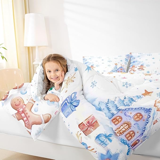 jejeloiu Kids Christmas Theme Comforter Set Twin Size Blue Xmas Gingerbread Man Bedding Set for Boys Girls Teens Candy House Snowflake Winter Happy New Year Duvet Quilt Room Decor