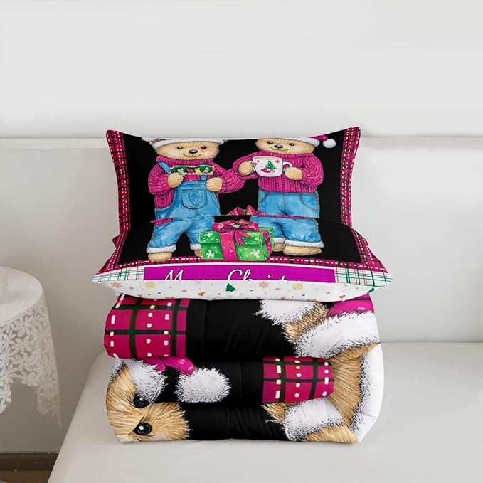 Feelyou Merry Christmas Kids Comforter Set Twin Size Cute Bear Bedding Set Duvet Quilt for Kids Boys Girls Bedroom Winter Decor Microfiber Ultra Soft Breathable